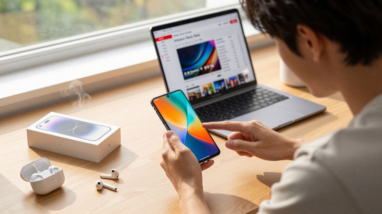 Pessoa a usar smartphone ao lado de computador portátil, caixa de telemóvel e auriculares na secretária.