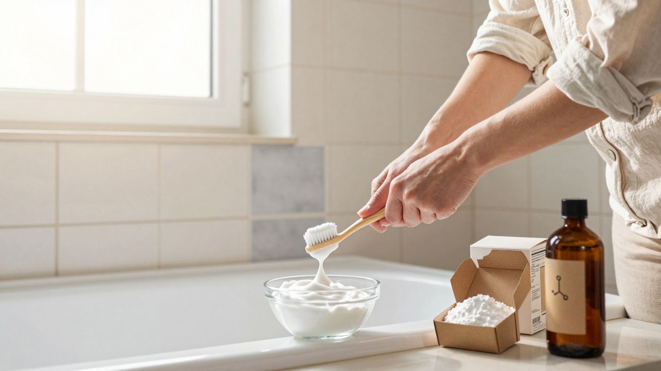Pessoa a aplicar pasta dentífrica artesanal numa escova de dentes de bambu num ambiente de casa de banho iluminado.