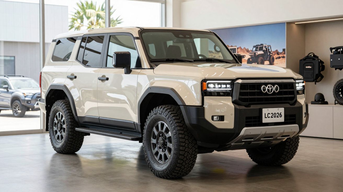 SUV branco com design robusto exibido num espaço interior moderno, com jantes grandes e pneus todo-o-terreno.