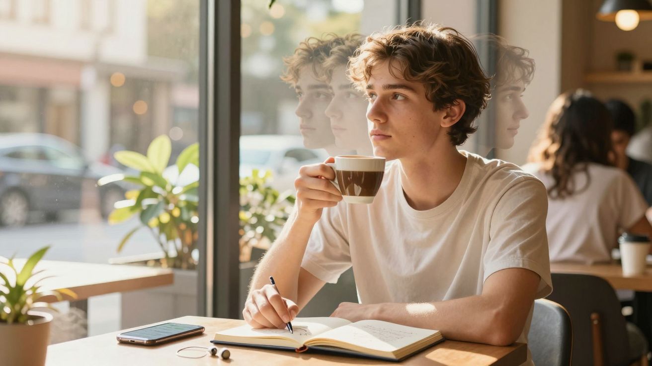 Jovem a beber café e a escrever num caderno numa cafetaria iluminada pela luz natural.