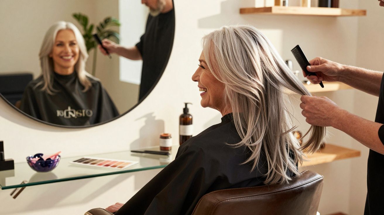Mulher sorridente com cabelos grisalhos sentada num salão de beleza a ser penteada.