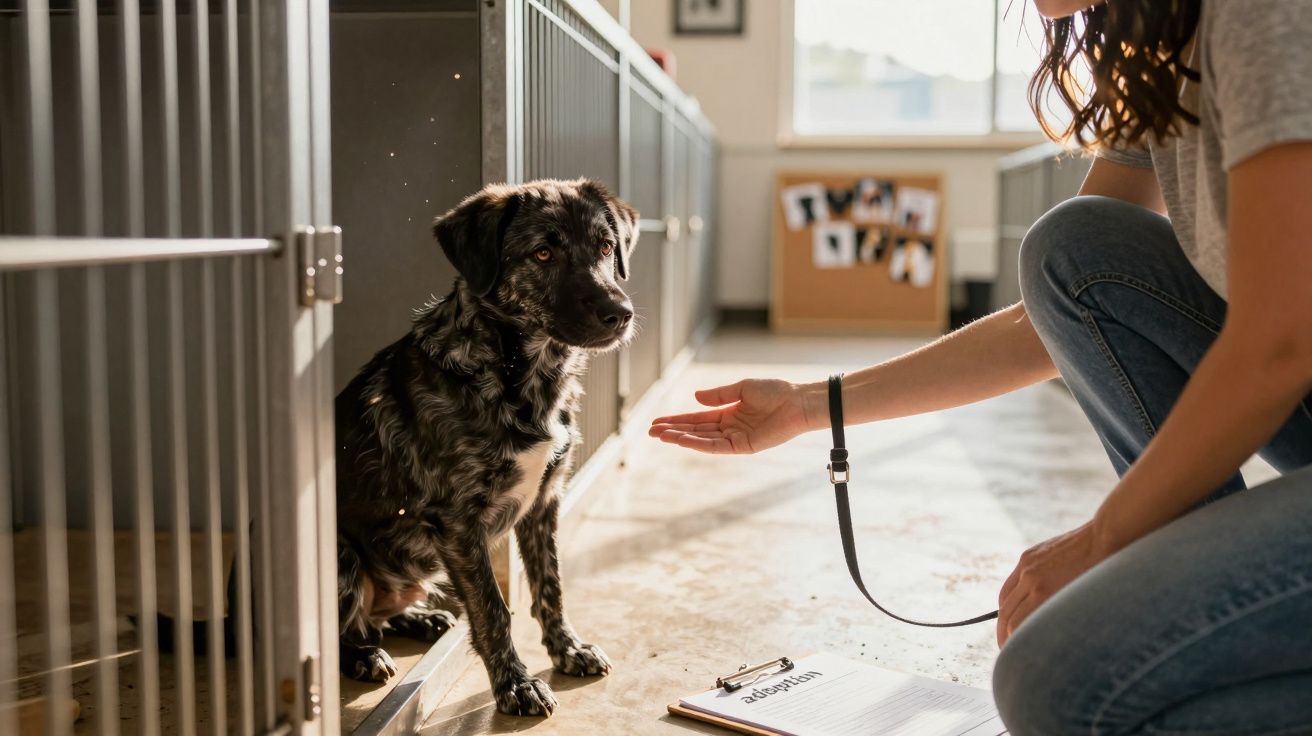 Pessoa debruçada a estender a mão para um cão sentado junto a um gradeado interior, com prancheta no chão.