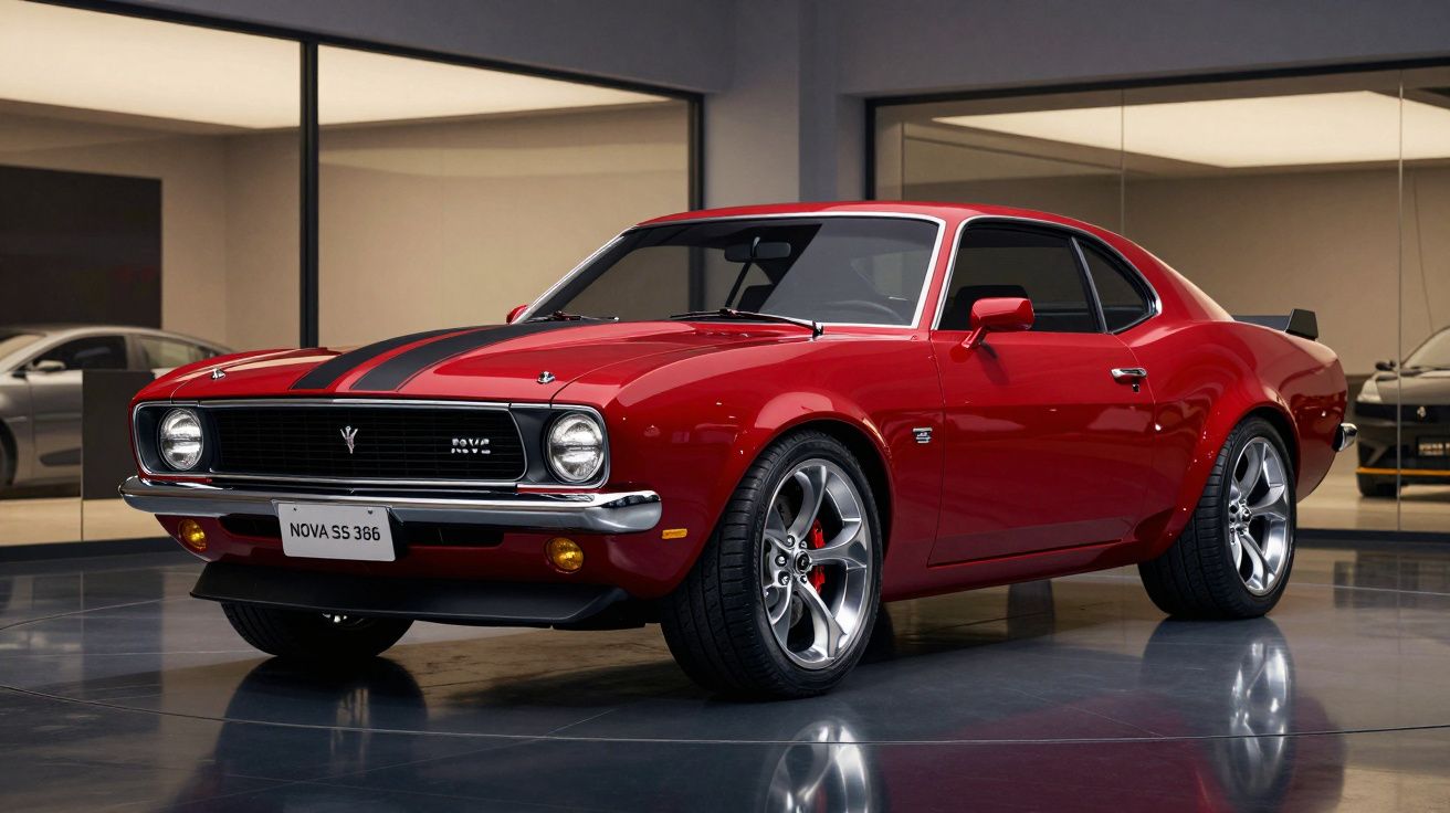 Carro clássico vermelho com faixas pretas, modelo Nova SS 366, em exposição numa sala moderna.