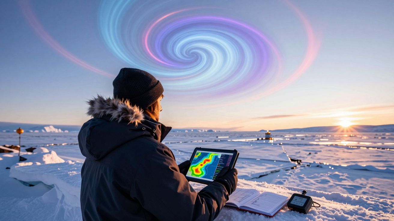 Pessoa com roupa de inverno observa tablet com dados meteorológicos numa paisagem nevada ao pôr do sol.