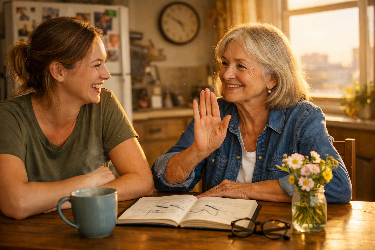 Duas mulheres de gerações diferentes conversam e sorriem numa cozinha iluminada ao entardecer.