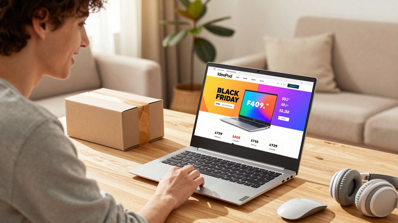 Pessoa a fazer compras online num portátil com oferta Black Friday, ao lado de uma caixa e auscultadores.