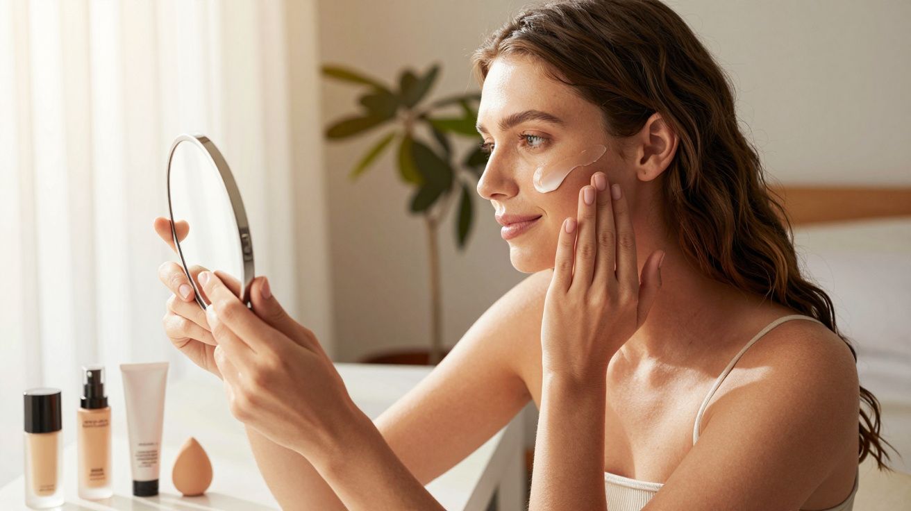 Mulher aplica creme facial sob os olhos enquanto se olha ao espelho num ambiente iluminado.