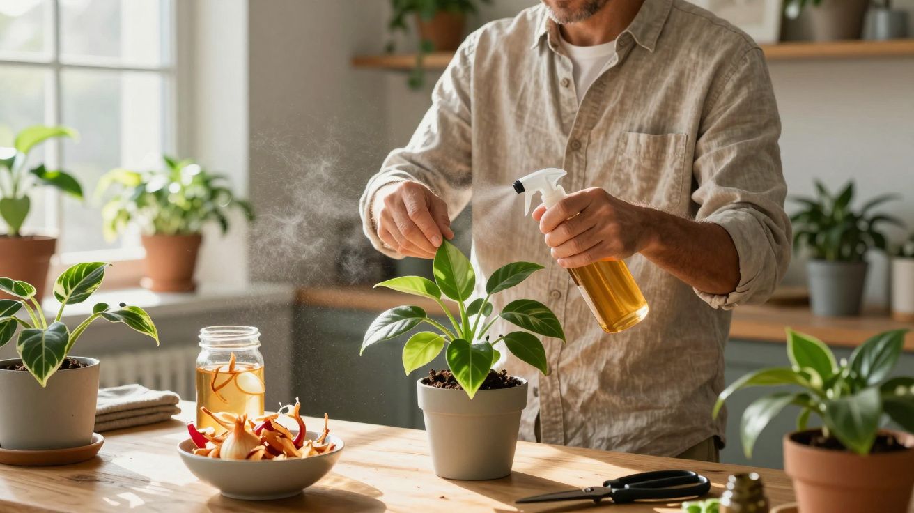 Homem a pulverizar e cuidar de uma planta em vaso numa cozinha luminosa com várias plantas.
