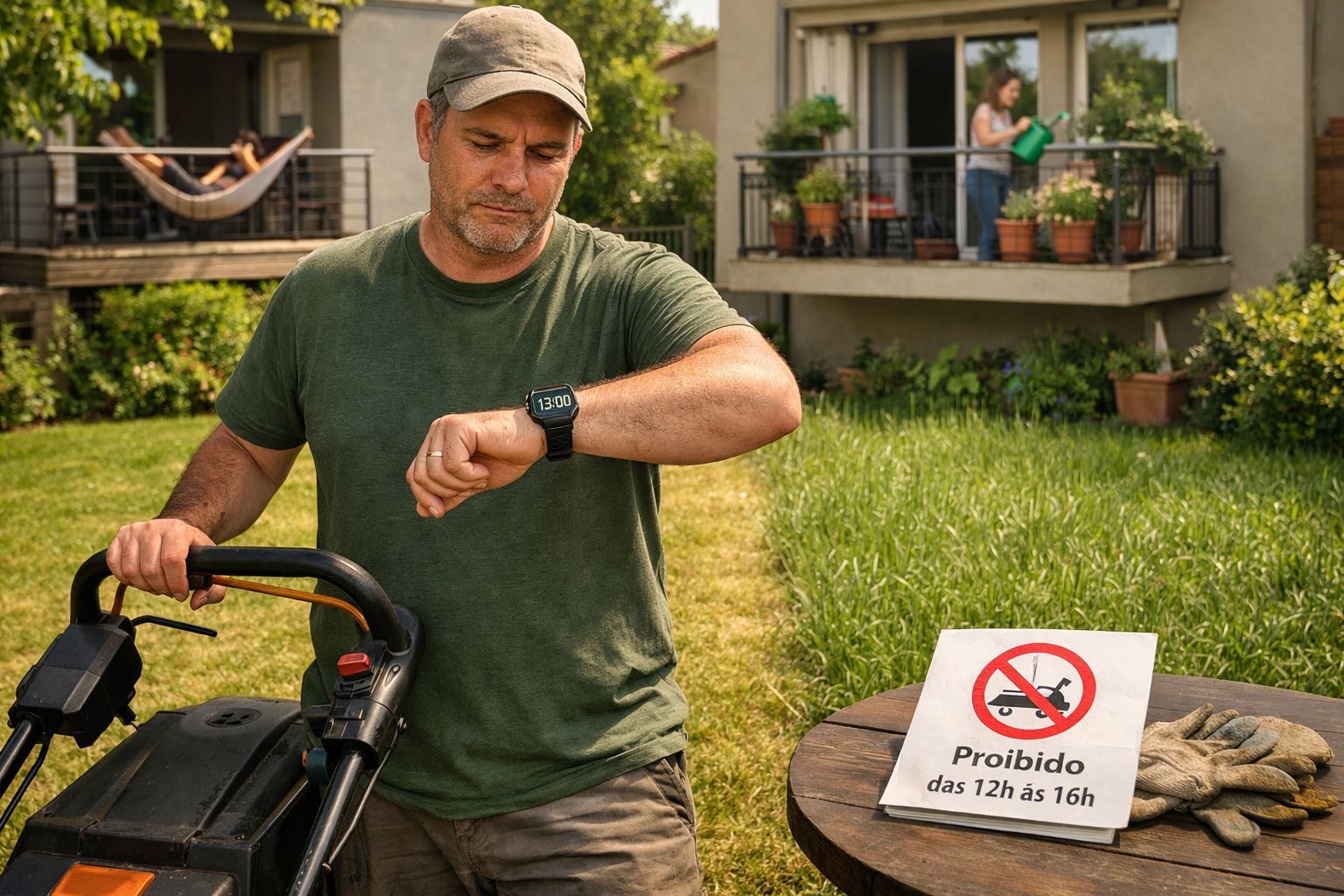Homem com boné a olhar para relógio enquanto opera cortador de relva junto a sinal de proibição de cortar relva entre 12h e 1