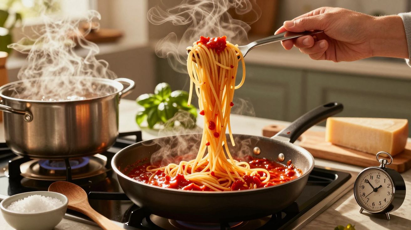 Mão a levantar esparguete com molho de tomate fumegante numa frigideira numa cozinha com tachos e queijo.
