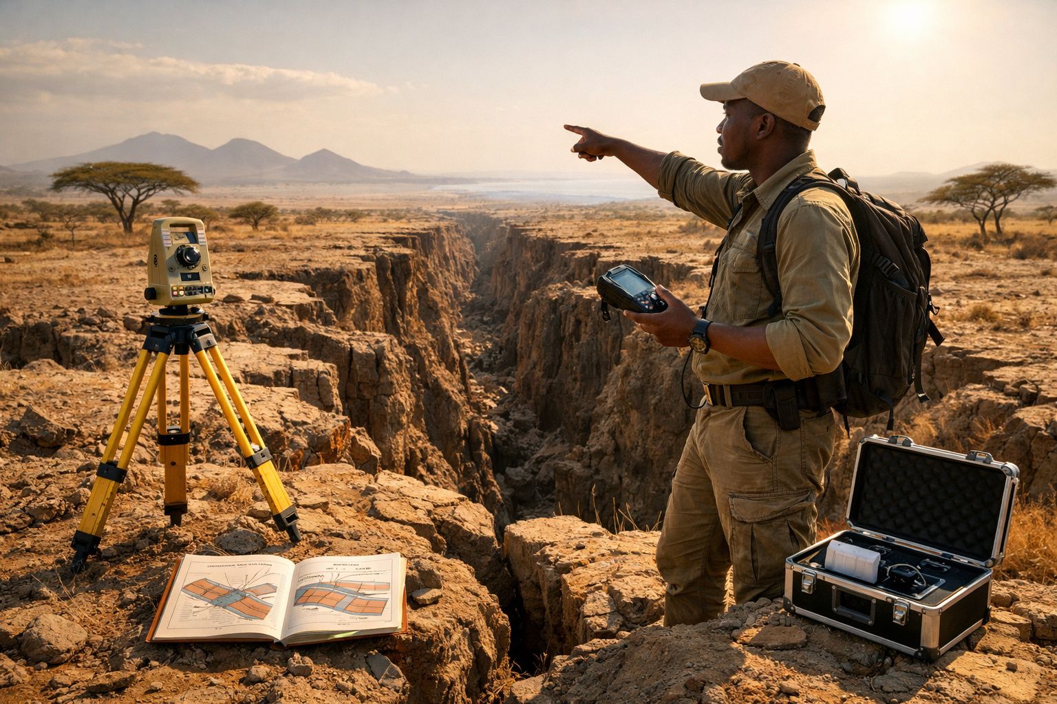Geólogo com equipamento de medição observa fissura profunda na terra numa paisagem árida.