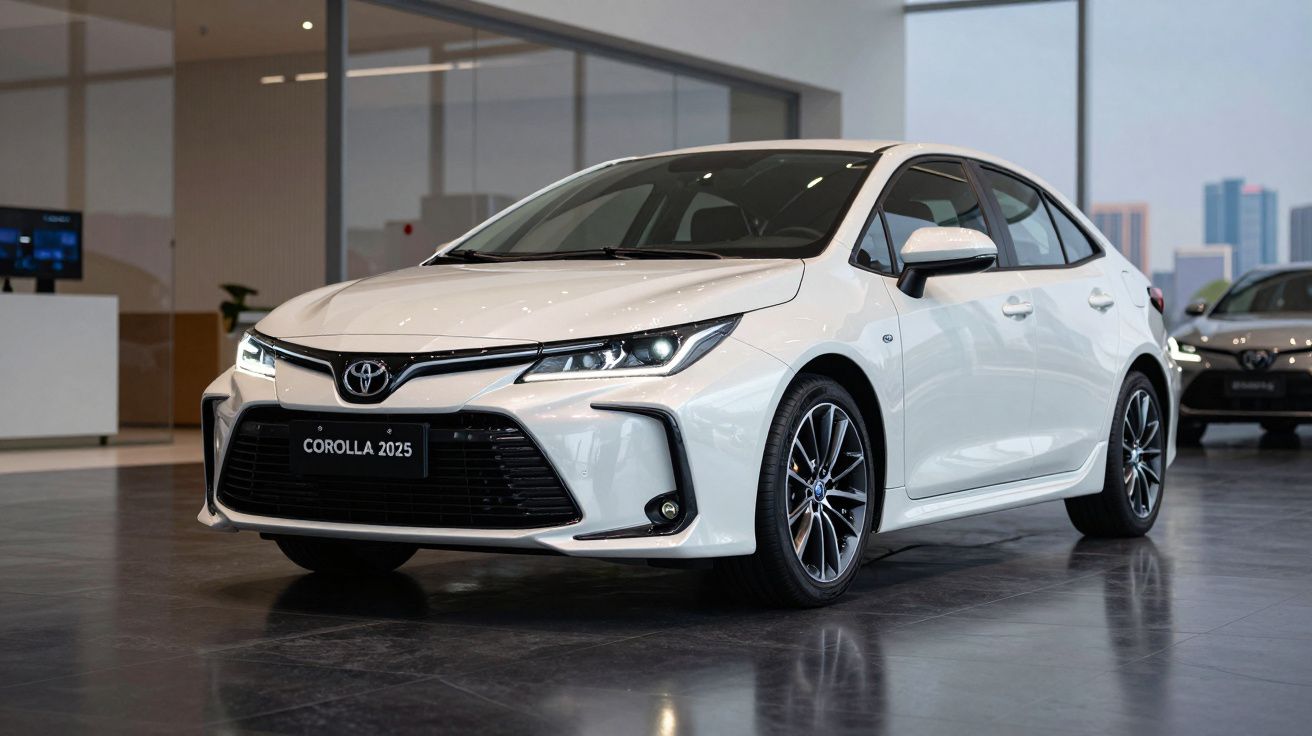 Toyota Corolla 2025 branco em exposição numa sala de showroom moderno com piso reflexivo.