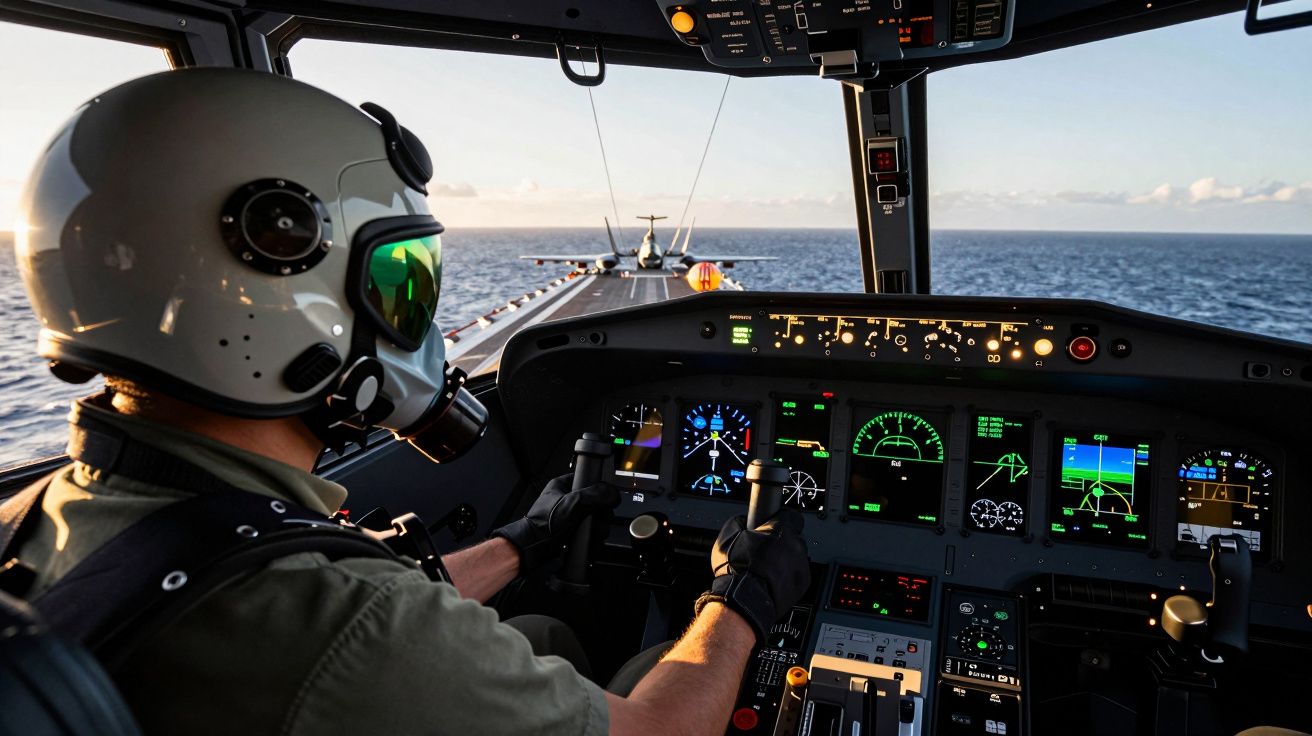 Piloto de helicóptero militar equipado com capacete, a pilotar com mar ao fundo pela janela dianteira.