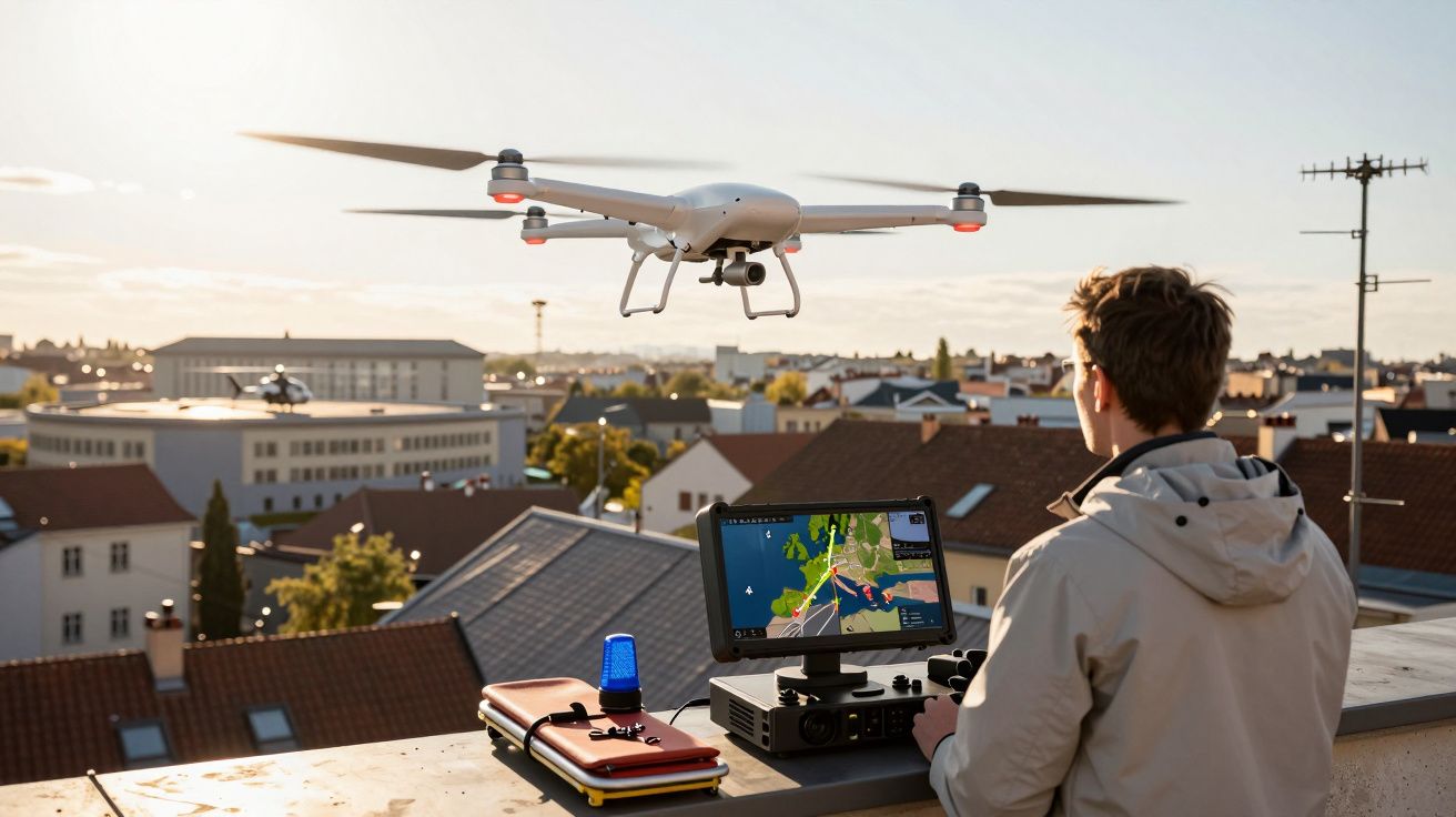 Pessoa a operar um drone branco com controlador e monitor numa área urbana ao pôr do sol.