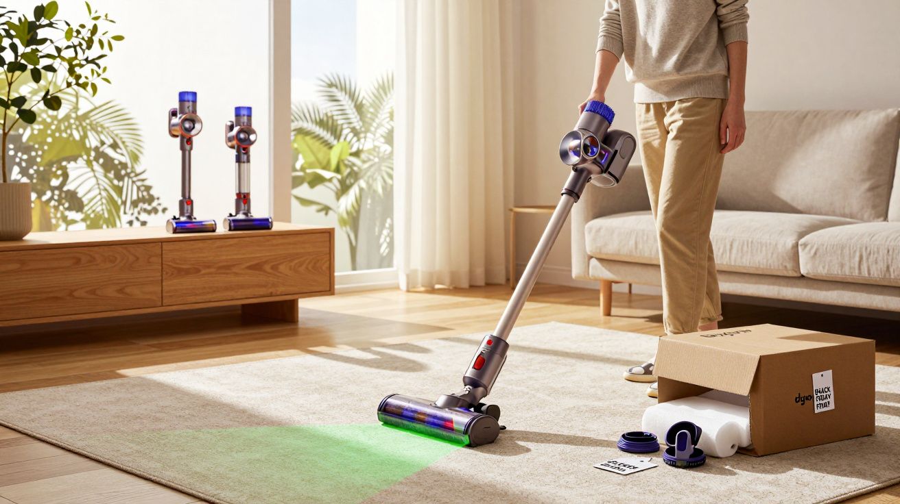 Pessoa a aspirar uma sala clara com aspirador sem fios moderno Dyson, ao lado de caixa e peças.