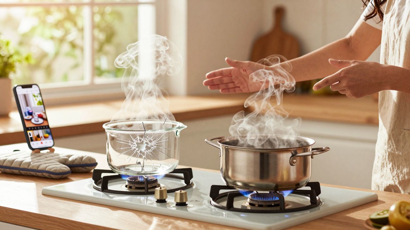 Tacho de vidro partido e panela de inox a ferver num fogão a gás, mãos a aquecer junto ao vapor.