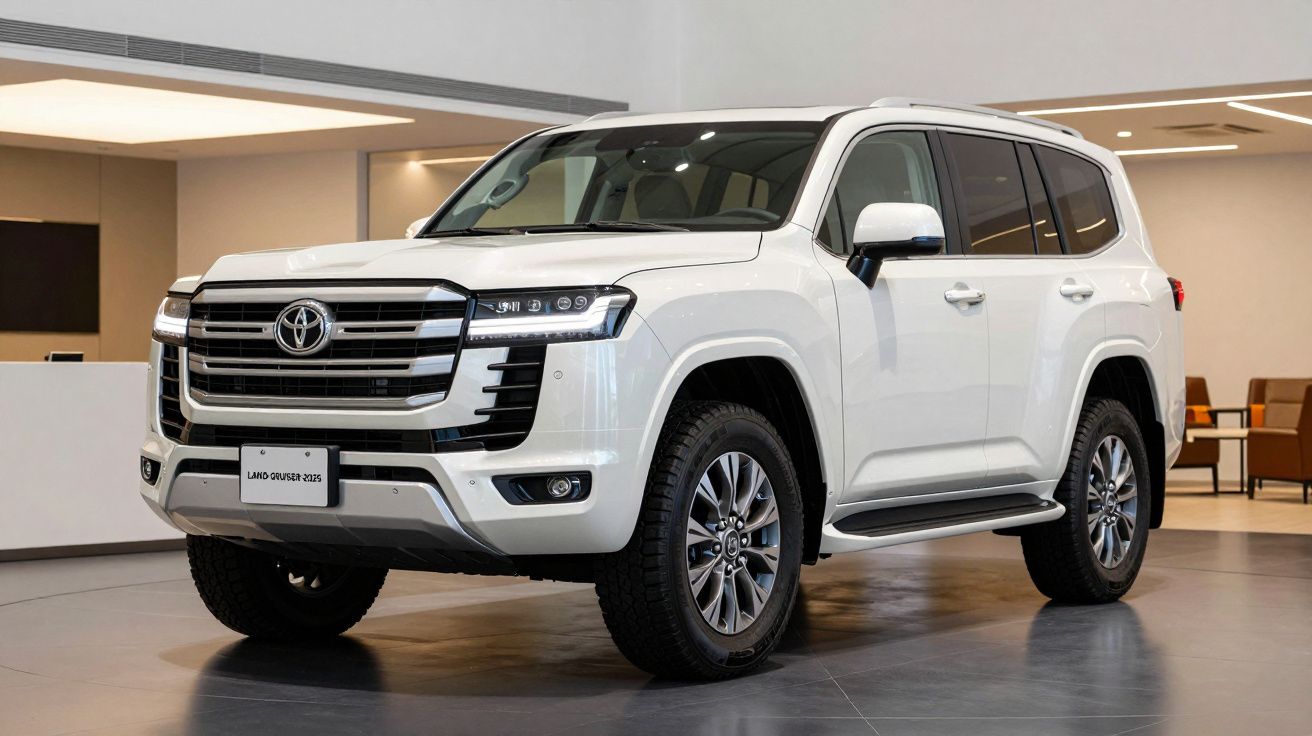 SUV Toyota Land Cruiser branco estacionado em showroom moderno e iluminado.