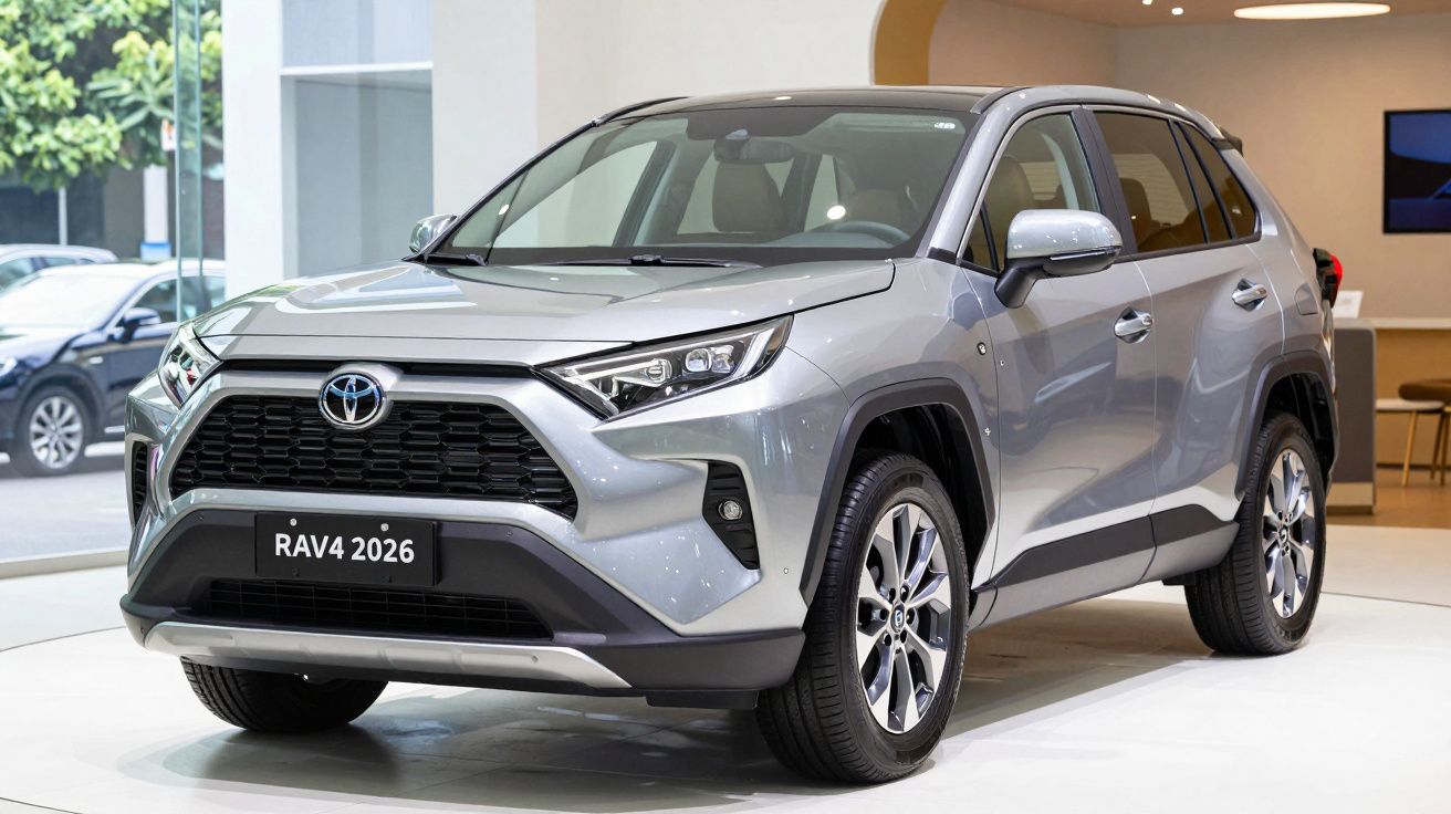 Carro Toyota RAV4 2026 cinzento exposto em ambiente fechado com iluminação artificial.