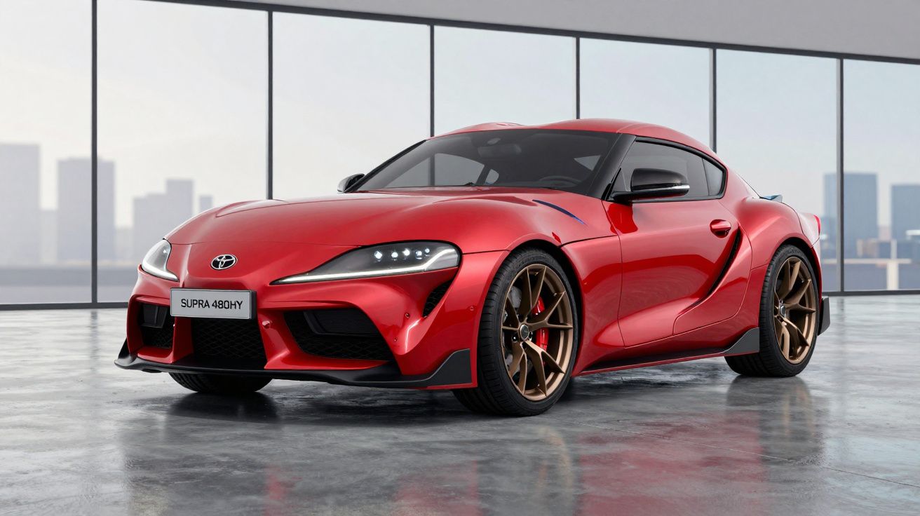 Carro desportivo vermelho Toyota Supra 480HY estacionado em piso interior com janelas panorâmicas ao fundo.