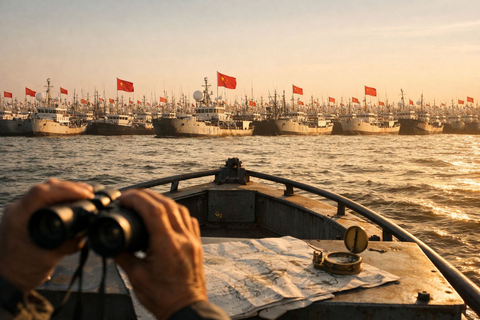 Vista do convés de um barco com mãos segurando binóculos, frente a uma frota de barcos com bandeiras da China ao pôr do sol.