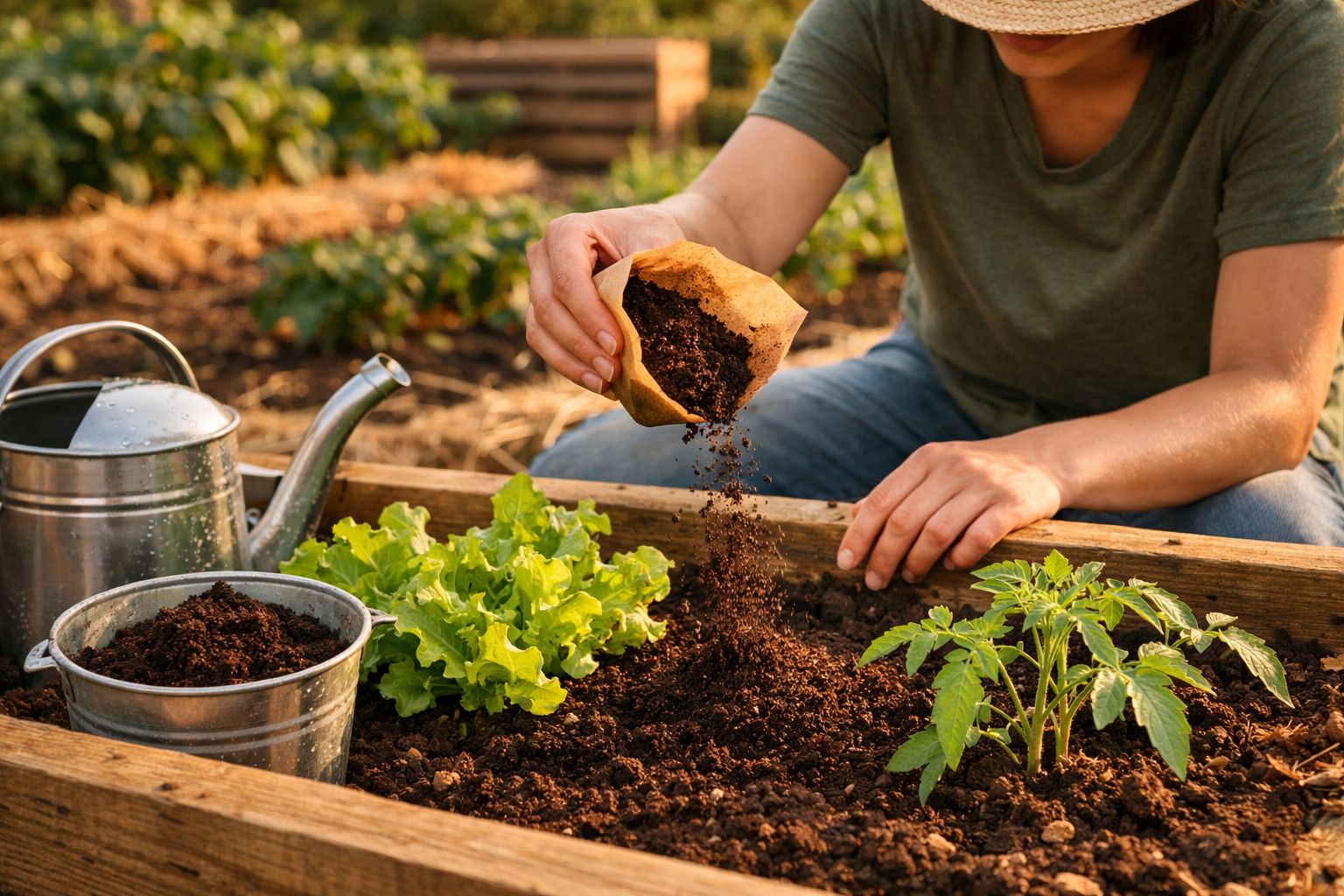 Pessoa a deitar terra num canteiro com plantas de alface e tomate, regador ao lado.