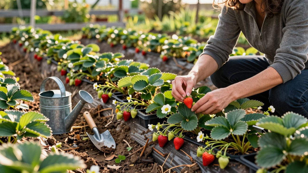 Pessoa a colher morangos maduros numa estufa de cultivo com regador e enxada ao lado.