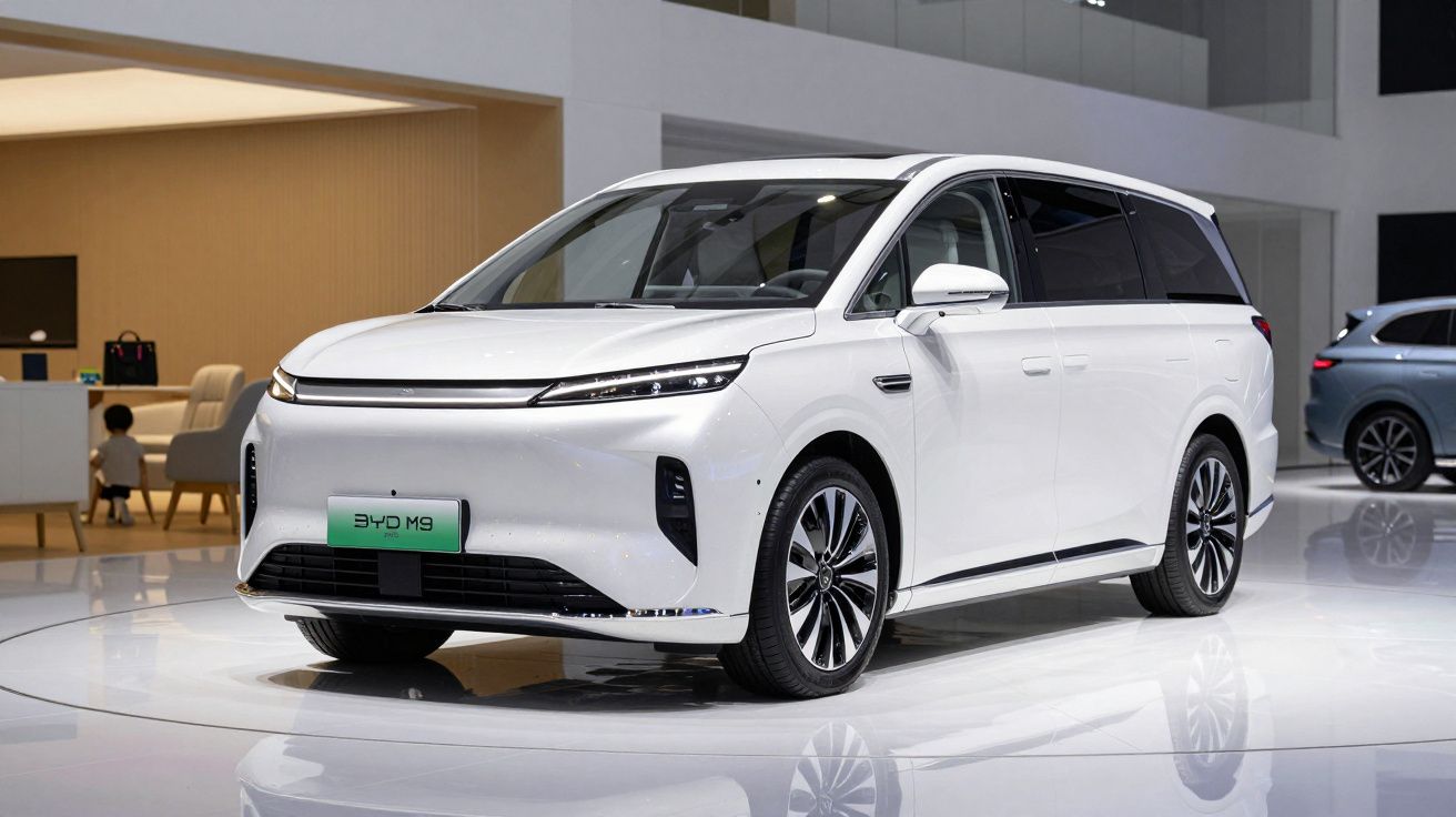 Veículo elétrico branco BYD M9 estacionado numa sala de exposição moderna e luminosa.