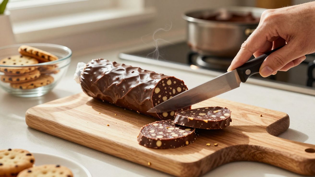 Pessoa a cortar um rolo de chocolate com nozes num tabuleiro de madeira numa cozinha iluminada.