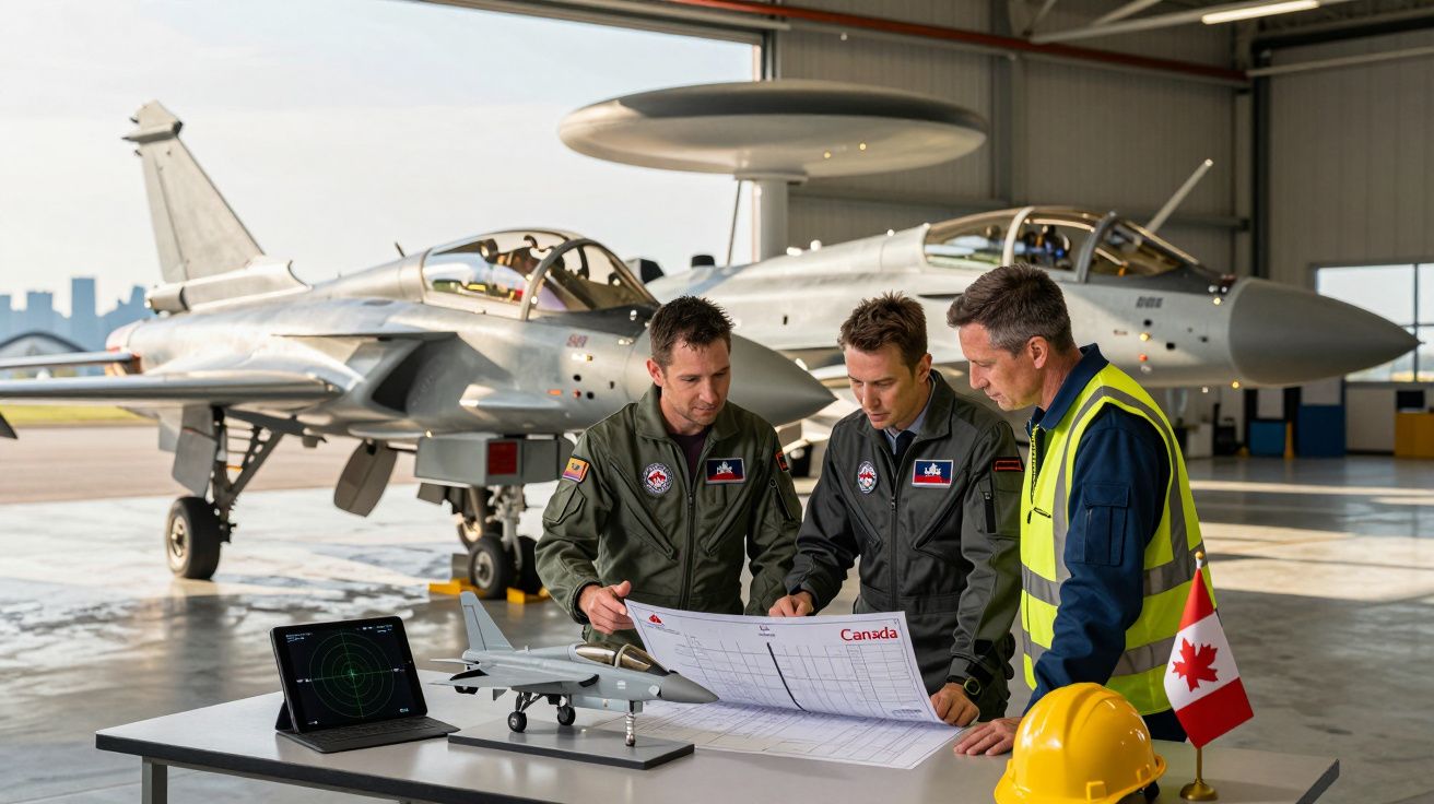 Três homens analisam planos de aeronave com dois caças no hangar e modelo de avião na mesa.