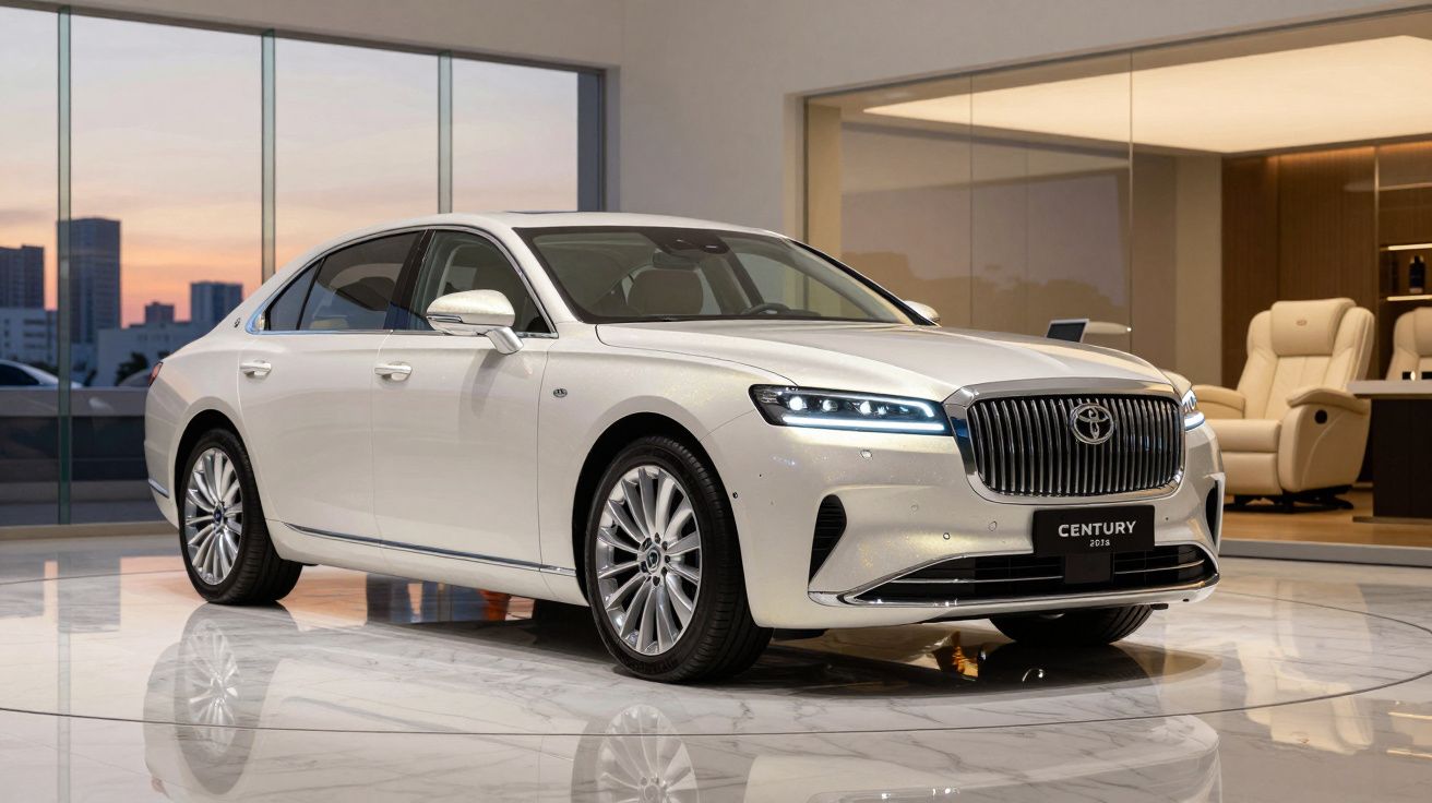 Automóvel de luxo branco Toyota Century 2023 em exposição interior com janelas panorâmicas ao fundo.