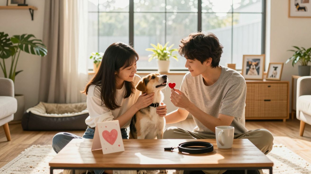 Casal sentado no chão a brincar com o cão, com cartão de amor e decoração na sala iluminada.