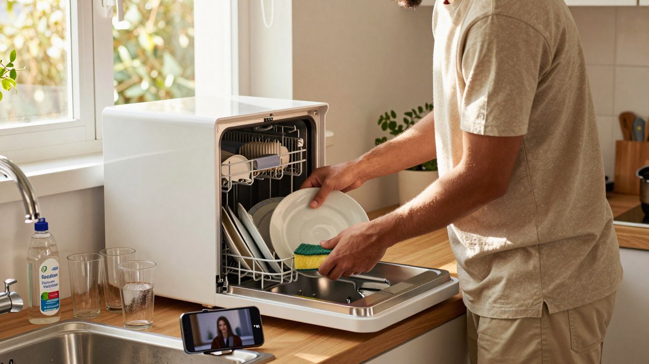 Homem a lavar pratos à mão em cozinha moderna com máquina de lavar loiça pequena e smartphone a transmitir vídeo.