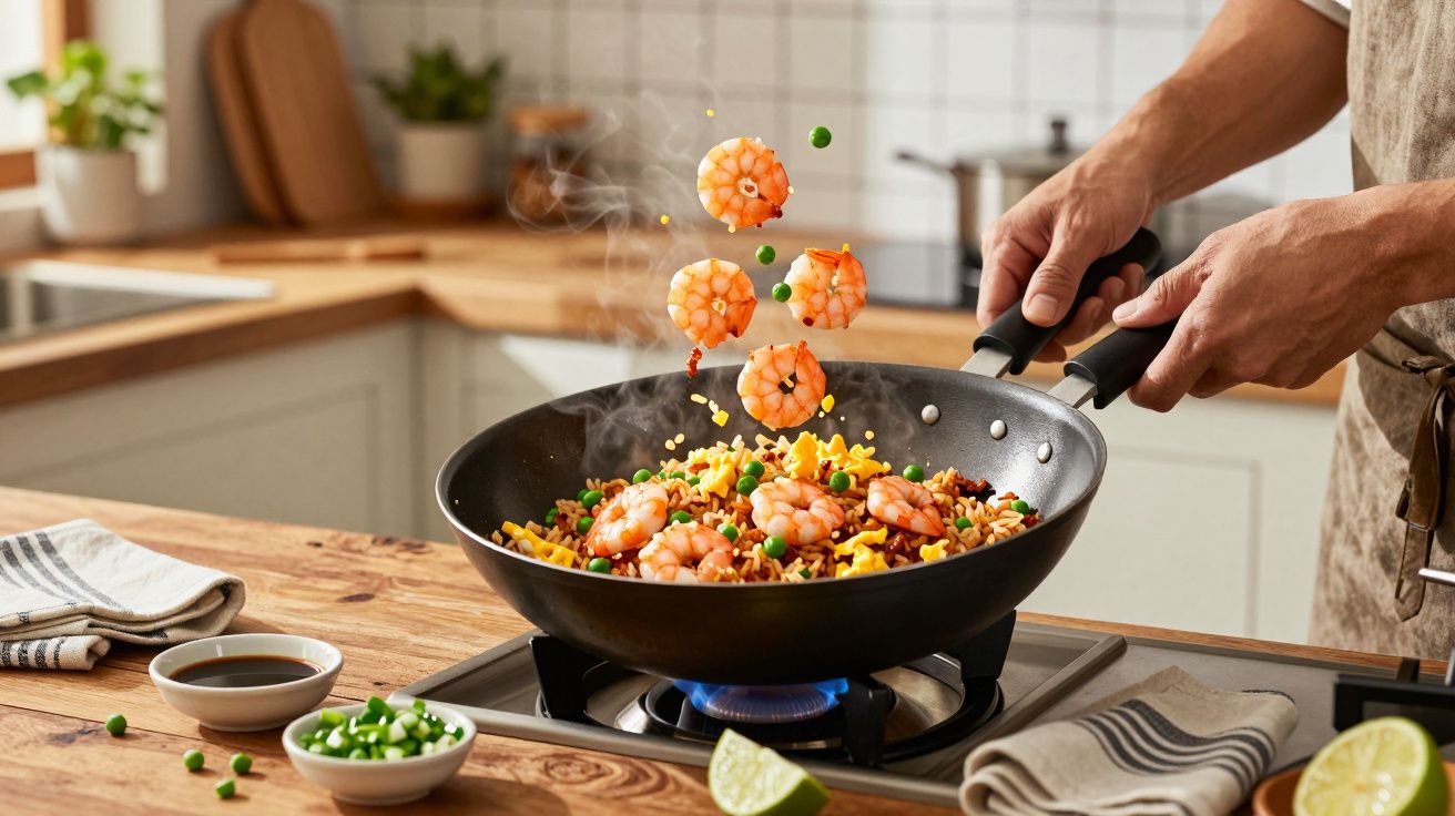 Mãos a cozinhar arroz frito com camarão e ervilhas num wok negro numa cozinha moderna.