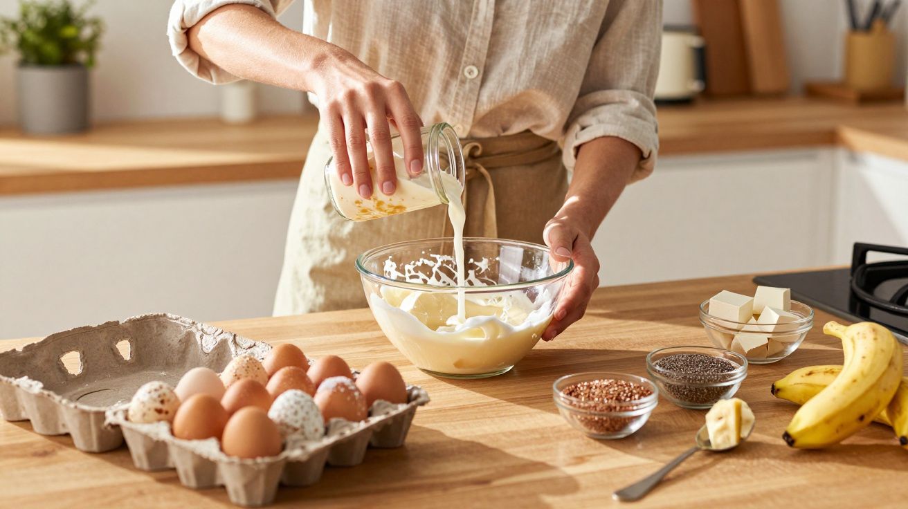 Pessoa a verter líquido numa taça de vidro sobre uma bancada de cozinha com ovos, sementes e bananas.