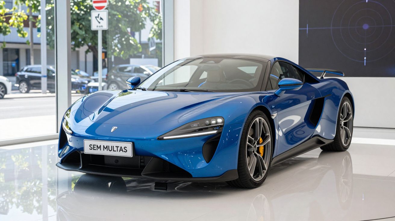Carro desportivo azul metálico estacionado num showroom com matrícula "SEM MULTAS".