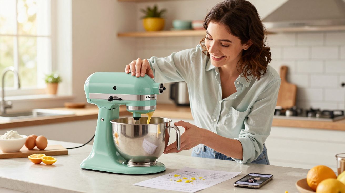 Mulher divertida a preparar massa numa batedeira numa cozinha moderna e bem iluminada.