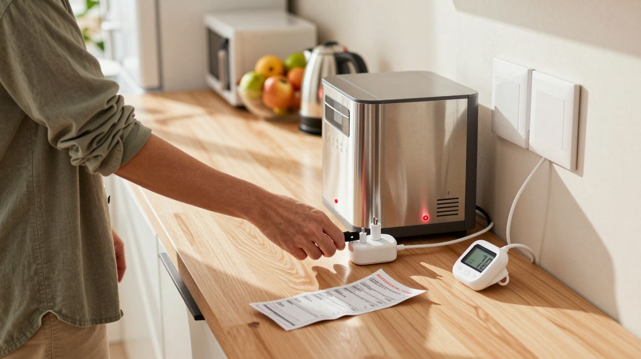 Pessoa a colocar ficha numa batedeira metálica numa bancada de cozinha com frutas, jarra elétrica e termómetro digital.