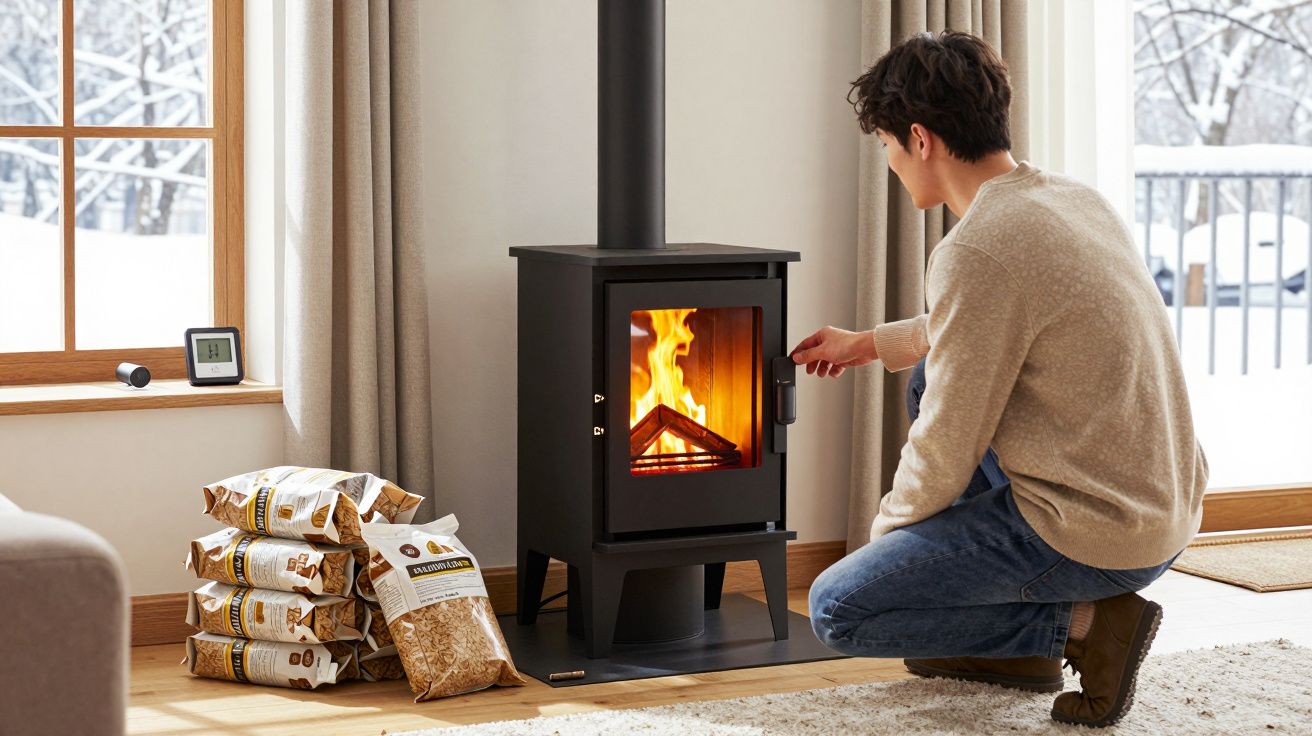 Homem a acender uma lareira a lenha num interior acolhedor com vista para paisagem nevada.