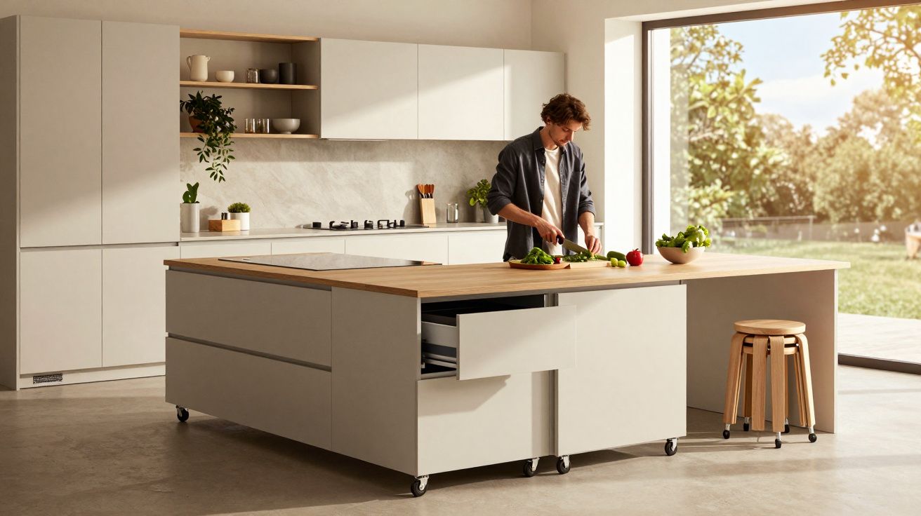 Homem a cortar legumes numa cozinha moderna com ilha central e grande janela para jardim.