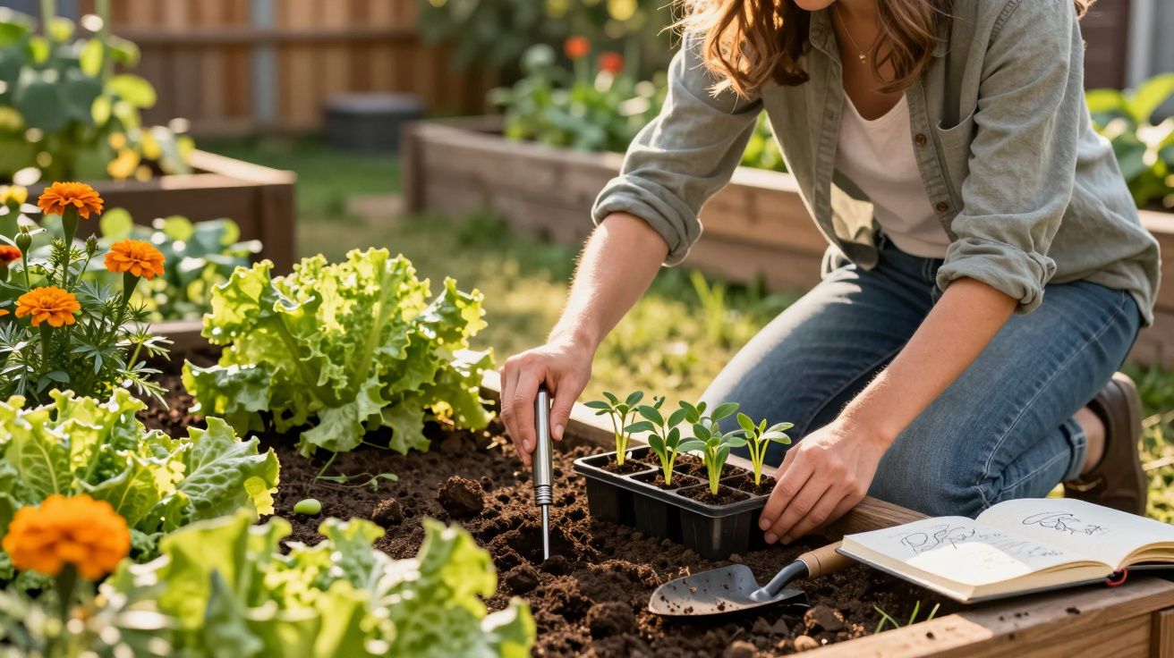 Mulher a plantar mudas num canteiro com alfaces e flores, a seguir instruções de um livro aberto.