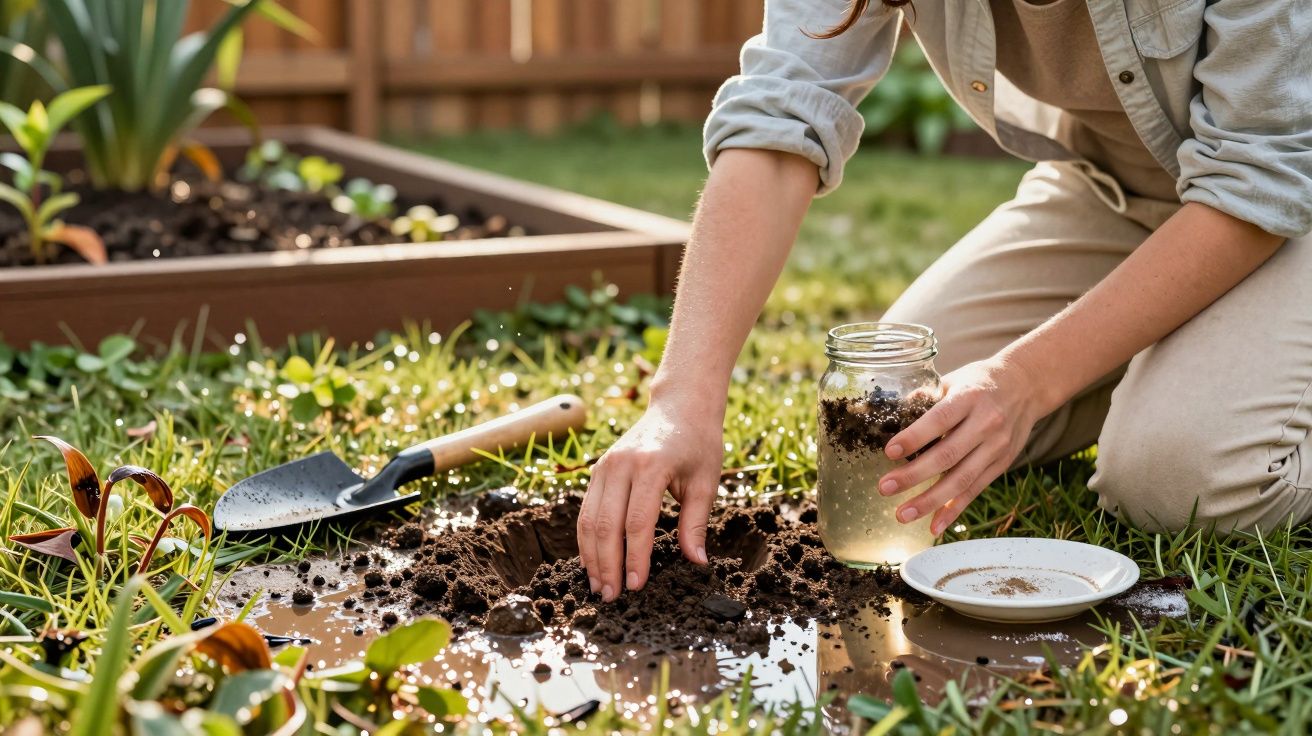 Pessoa a plantar uma semente no solo húmido do jardim, rodeada de plantas e ferramentas de jardinagem.
