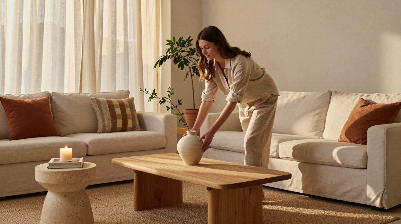 Mulher arrumando vaso numa sala de estar com sofá, almofadas e mesa de madeira clara.