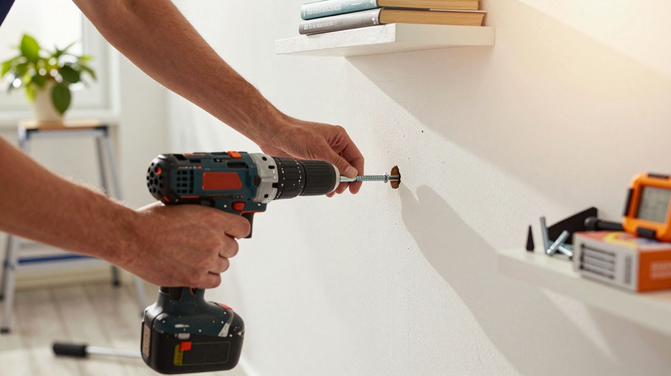 Pessoa a usar uma furadeira elétrica para apertar um parafuso numa parede branca.