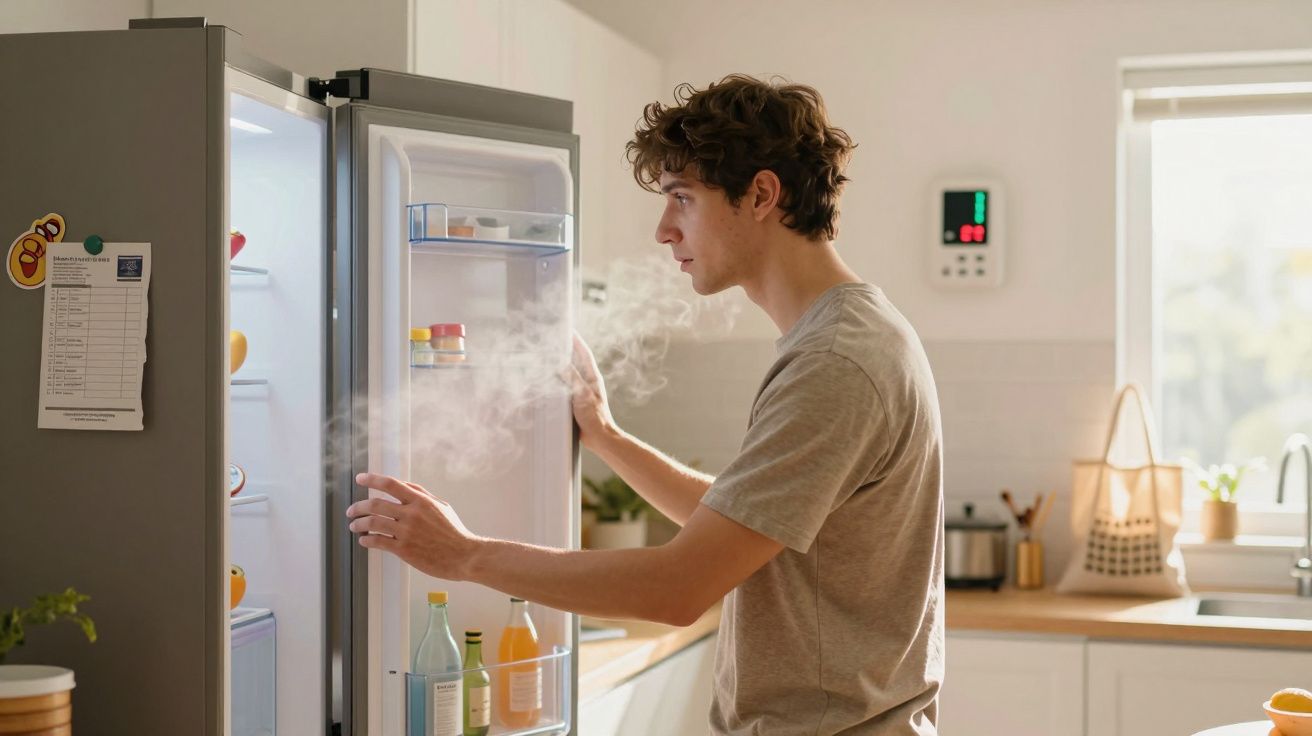 Homem abre frigorífico com vapor branco saindo no interior numa cozinha bem iluminada.