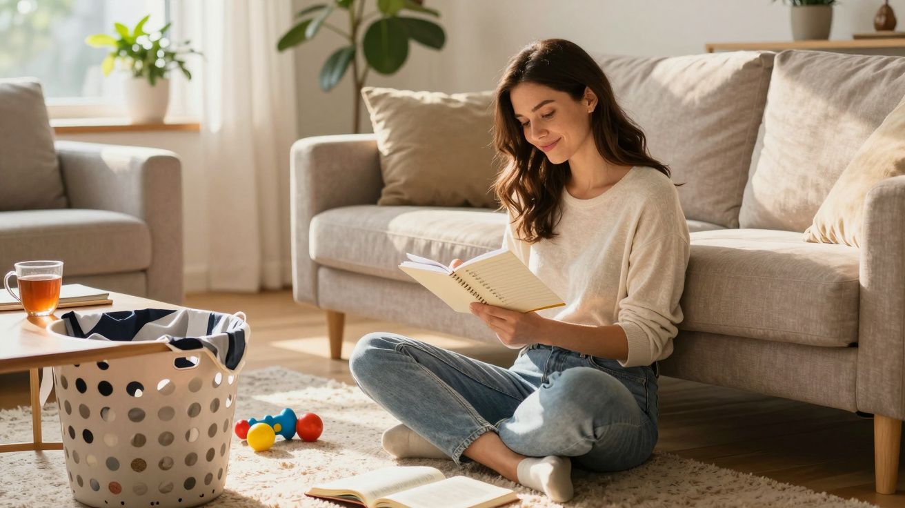 Mulher sentada no chão da sala, lendo um livro ao lado de uma cesta de roupa e sofá bege.