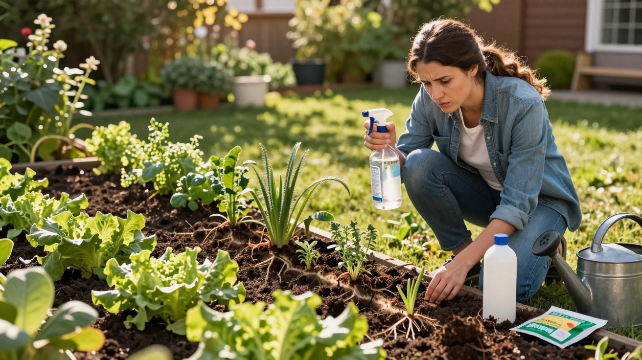 Mulher a cuidar de plantas numa horta, borrifando plantas e atento ao crescimento das folhas.