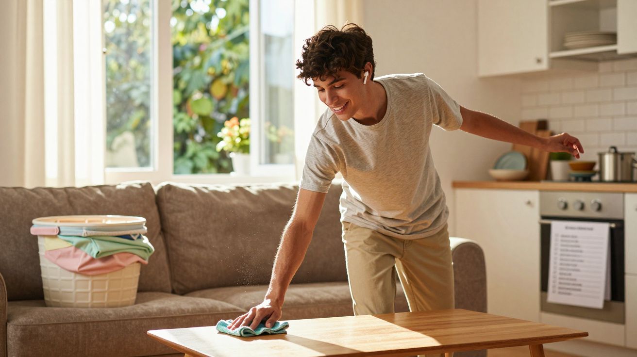 Jovem a limpar uma mesa de madeira na sala de estar, com roupa na cesta e janela iluminada ao fundo.