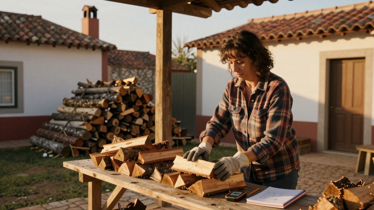 Mulher a empilhar lenha numa mesa de madeira num pátio com casas tradicionais ao fundo.