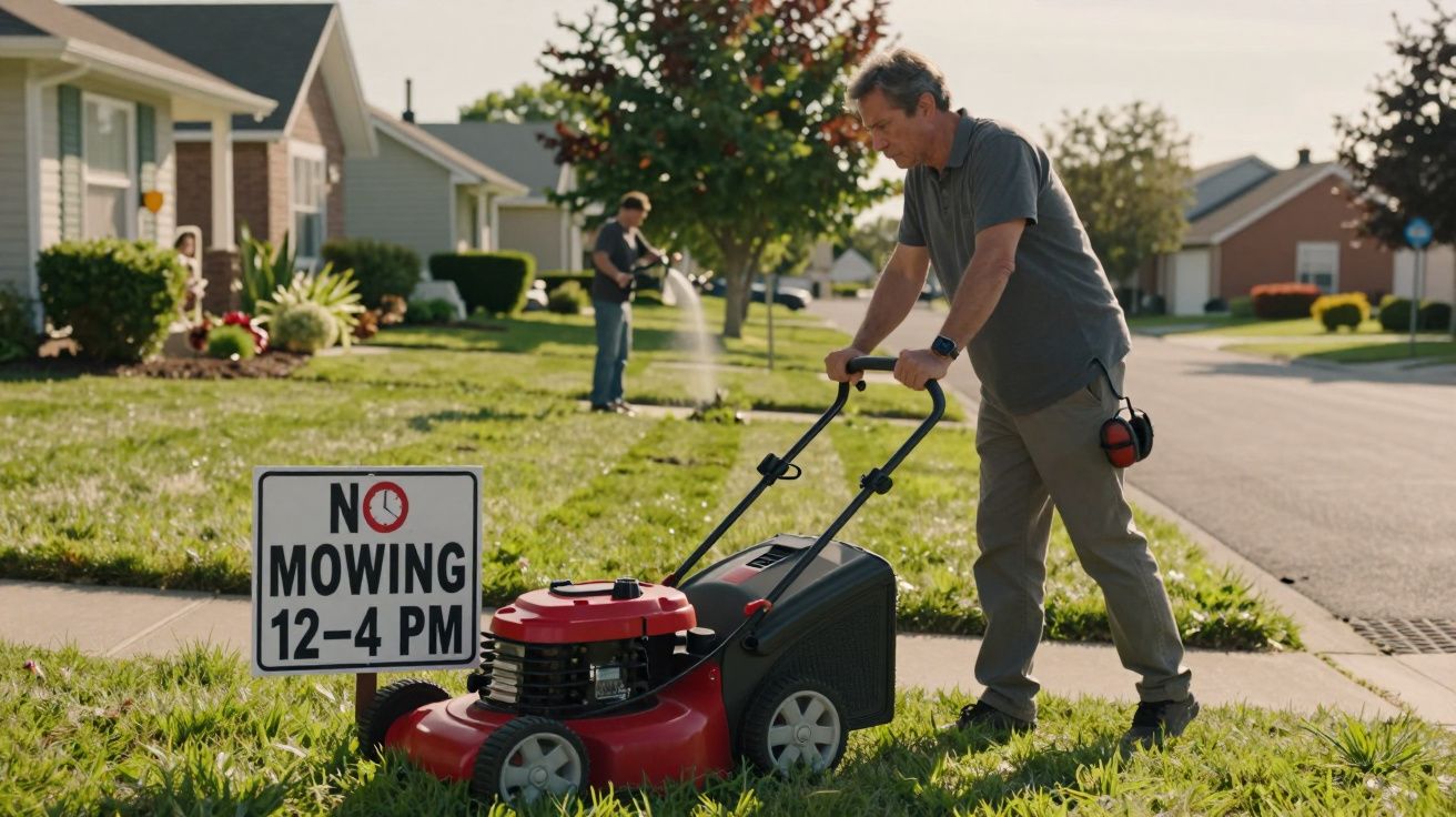 Homem corta relva perto de placa que indica proibição entre as 12h e as 16h numa rua residencial.