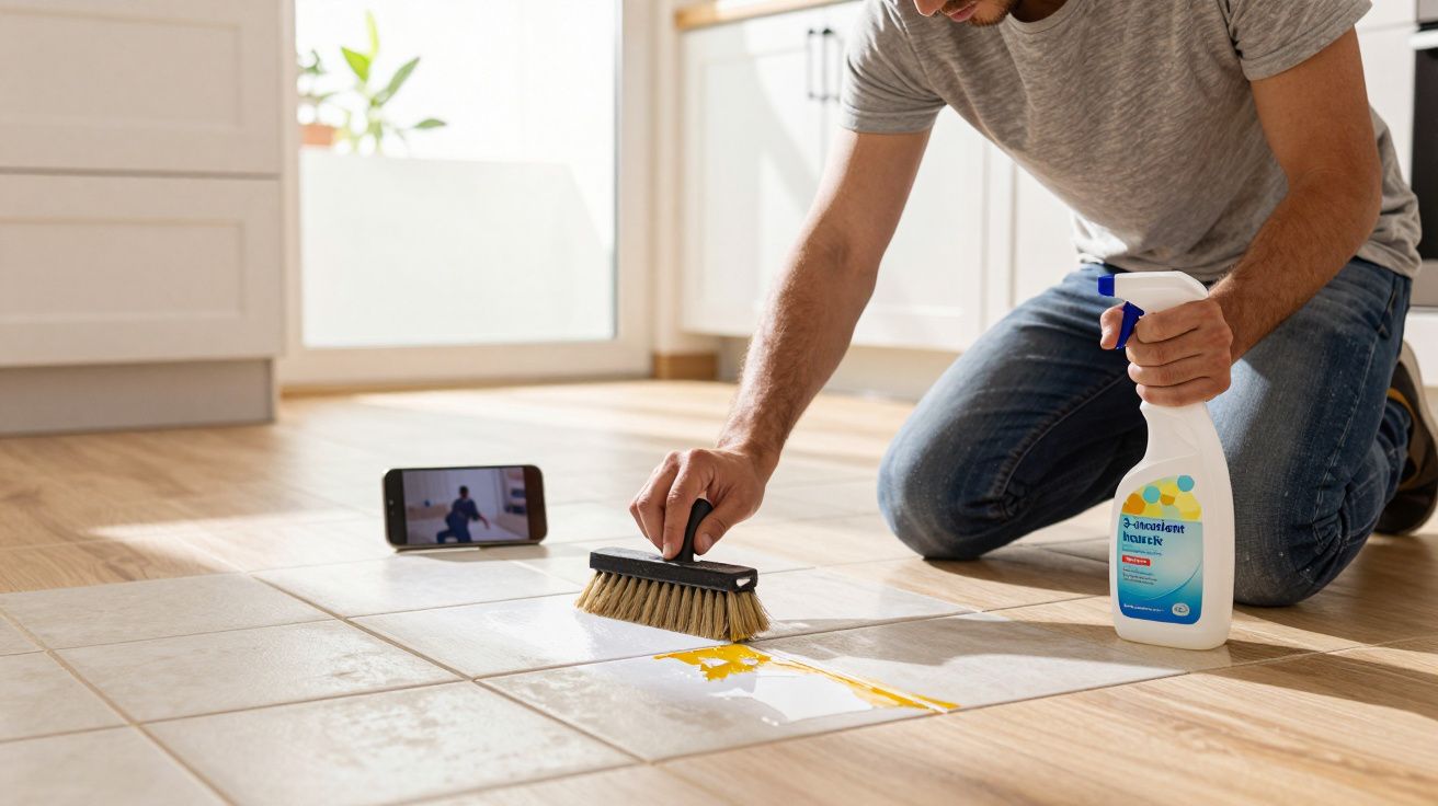 Homem a limpar chão com escova e produto de limpeza, a seguir instruções num telemóvel.